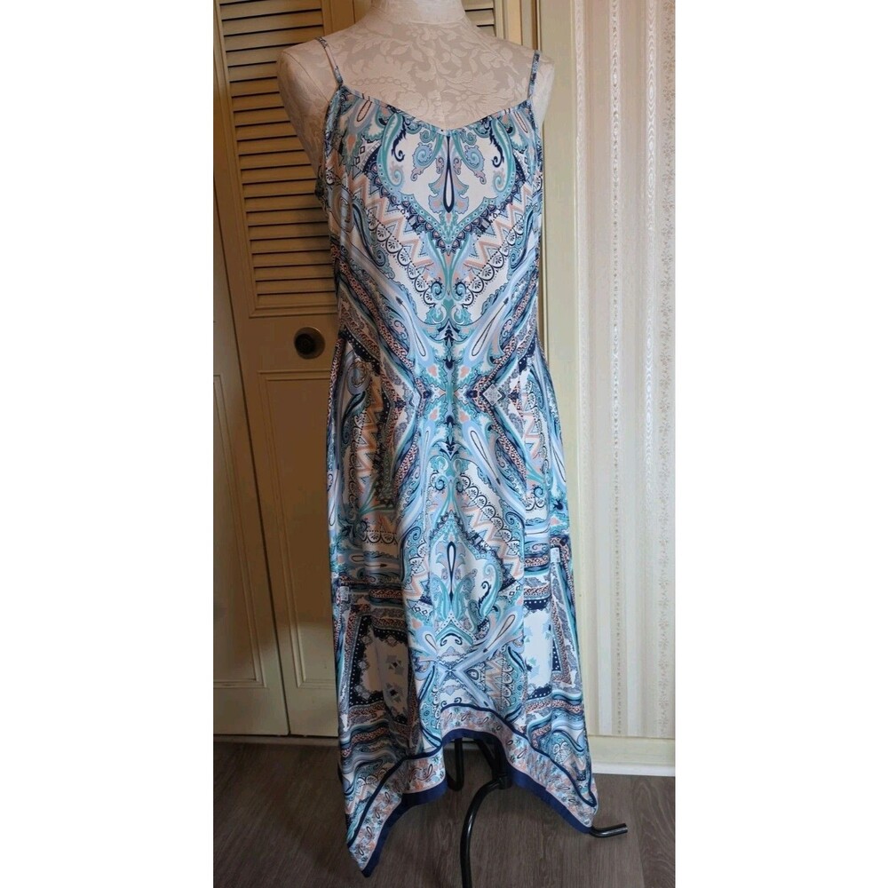 ICE Blue & White Paisley Handkerchief Hem Midi Dress Sz L Boho Fairy Resort wear